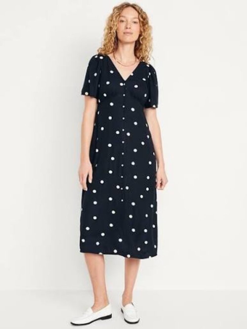 Old Navy Button-Down Crepe Midi Dress Navy Polka Dot